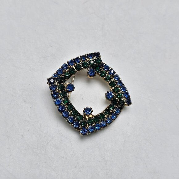 Vintage Blue Green Rhinestone Abstract Brooch Pin - Picture 2 of 4